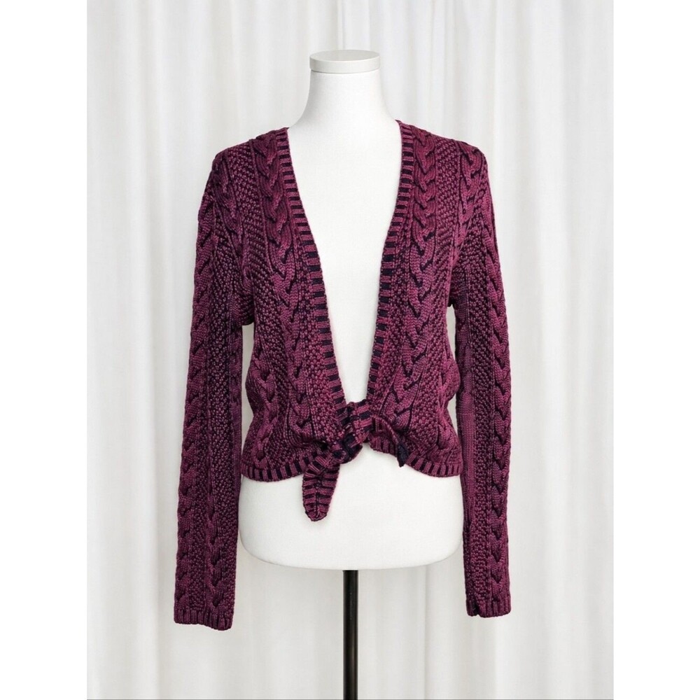 The Territory Ahead Y2K Raspberry Navy Tie Front Cable Knit Cotton Shrug Sweater